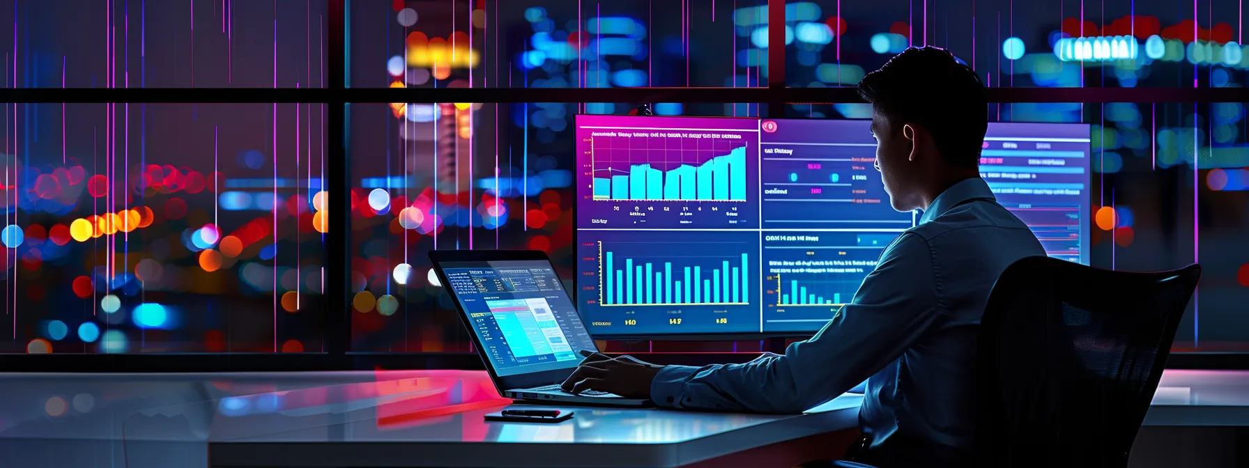 a focused small business owner analyzes local search analytics on a sleek laptop in a modern office, illuminated by vibrant screens displaying colorful graphs and data visuals that highlight strategic growth opportunities.