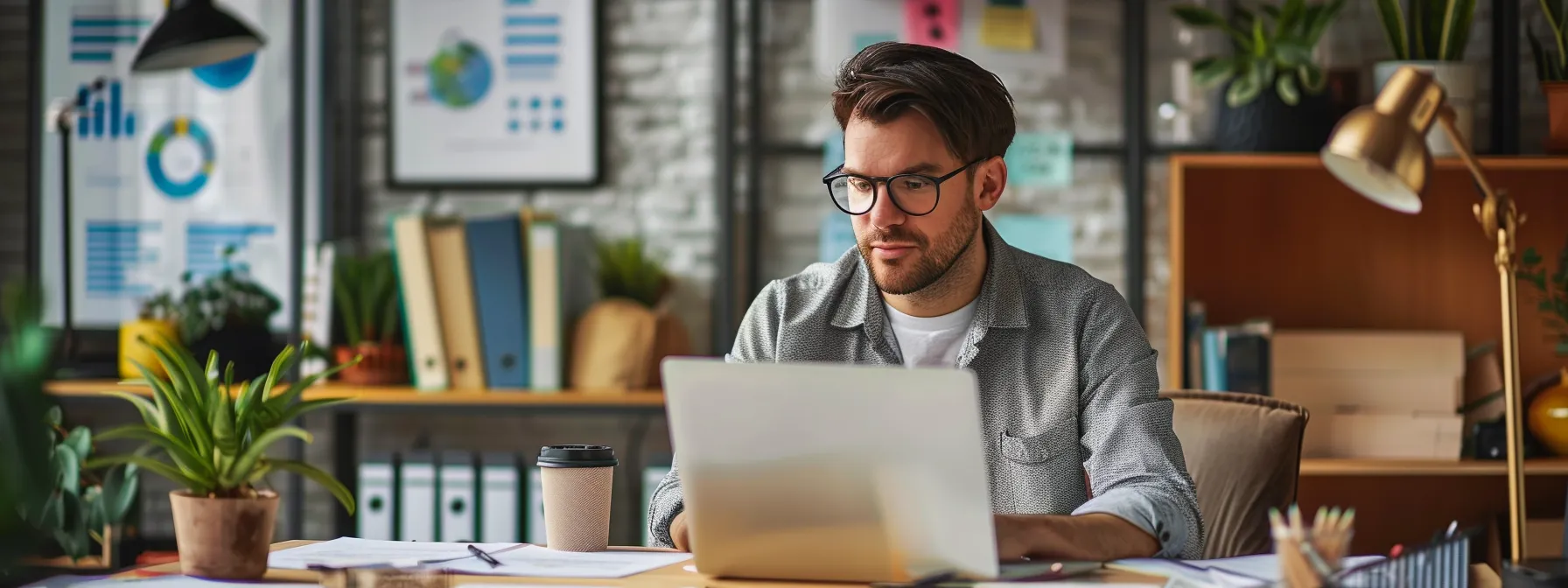 a focused small business owner sits at a modern office desk, analyzing local citation data on a laptop, surrounded by open local directory pages and social media analytics, highlighting the diligent effort required for enhancing online presence and revenue growth.