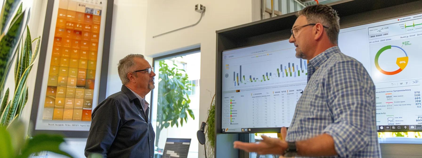 a focused solar sales professional engages in a dynamic conversation with a homeowner in a modern, well-lit urban office environment, showcasing graphs and data on a sleek digital display that highlights their online advertising performance and strategies for growth. a focused solar sales professional engages in a dynamic conversation with a homeowner in a modern, well-lit urban office environment, showcasing graphs and data on a sleek digital display that highlights their online advertising performance and strategies for growth.