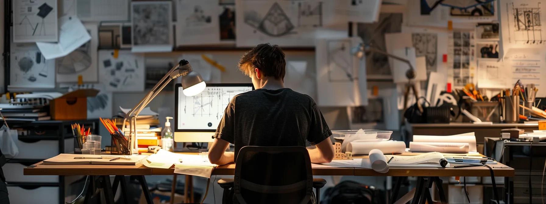 a focused student architect is seated at a modern desk cluttered with design sketches and blueprints, illuminated by the bright glow of a computer screen, highlighting the intricate challenges of freelance work amidst an urban studio backdrop.