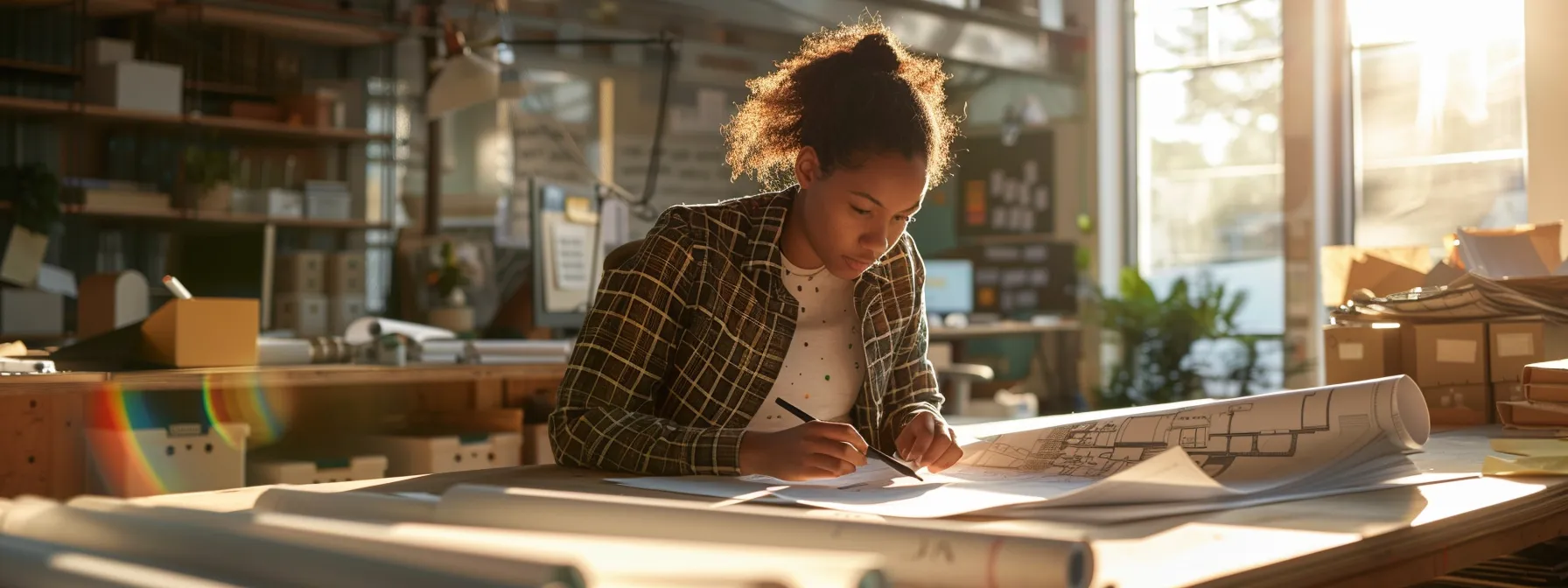 a focused student in a sunlit, modern architectural studio, intently analyzing blueprints and design models, embodies the journey of pursuing architectural licensure through merging education with practical experience.