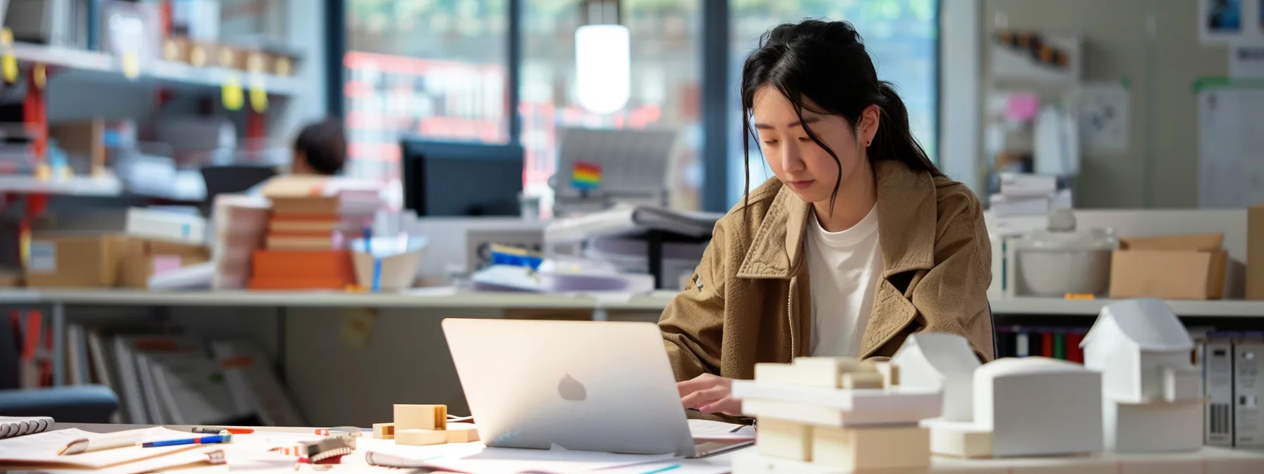 a focused student sits in a modern urban architecture studio, surrounded by blueprints and architectural models, deeply engaged in studying a laptop displaying essential requirements for becoming a licensed architect.