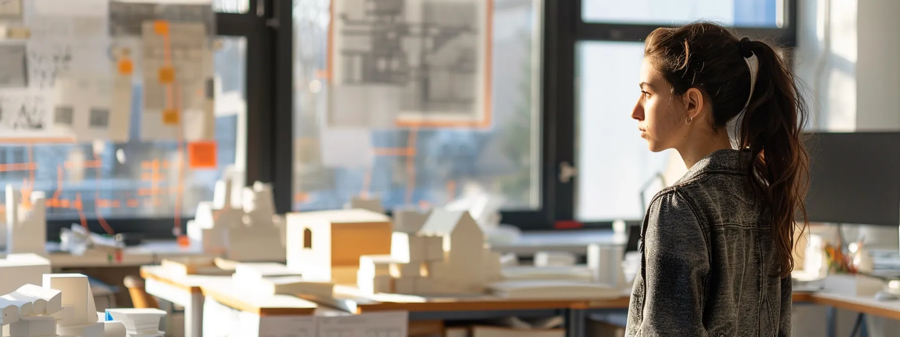 a focused student stands amidst a vibrant architectural studio, surrounded by striking blueprints and dynamic models, showcasing the pivotal role of naab accreditation in shaping future architects.
