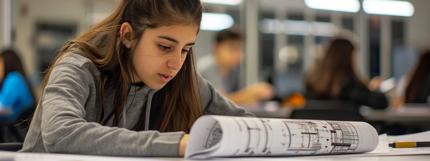 a focused student studies architectural blueprints amidst a modern classroom equipped with advanced technology and tools, illustrating the essential educational foundations for success in online architecture courses.