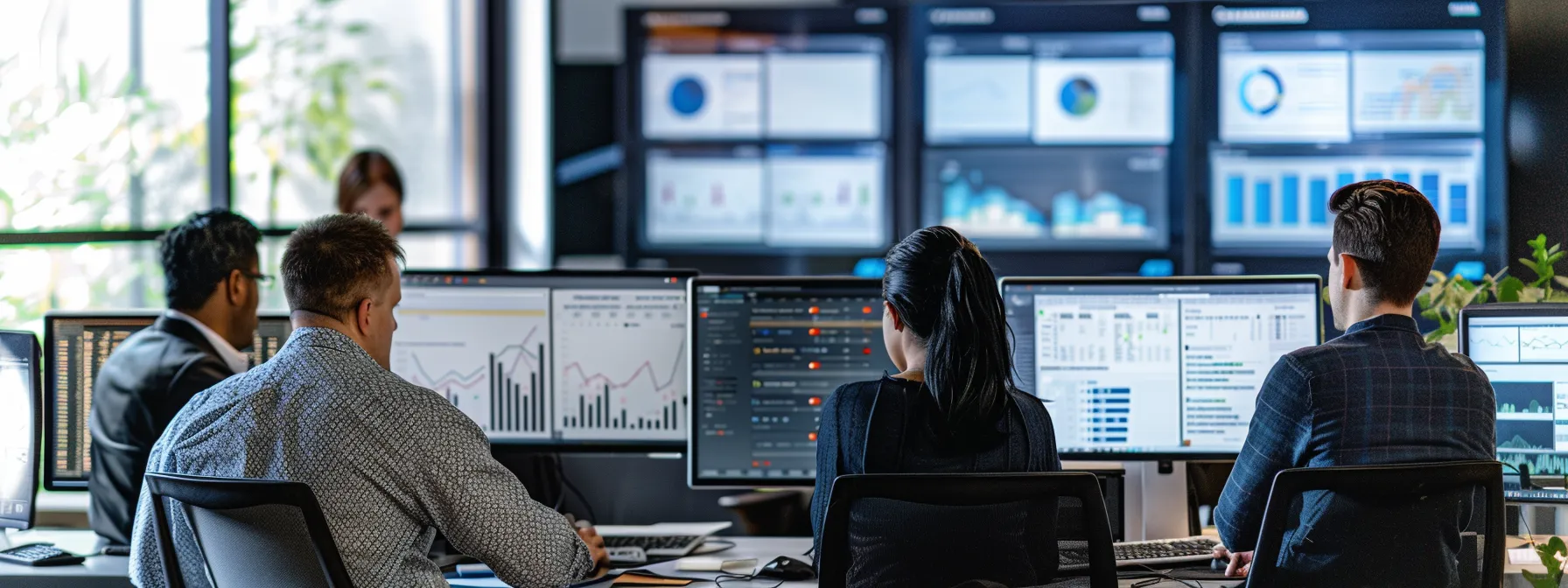 a focused team of professionals huddles around multiple monitors in a sleek, modern office, analyzing real-time data from reputation management software to strategize responses to negative online feedback, emphasizing their commitment to brand integrity and effective communication.