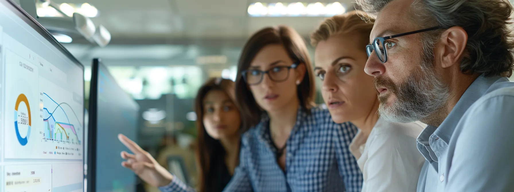 a focused team of professionals in a modern office setting reviews a digital dashboard displaying negative online feedback, engaged in a strategic discussion about crisis management and reputation enhancement.
