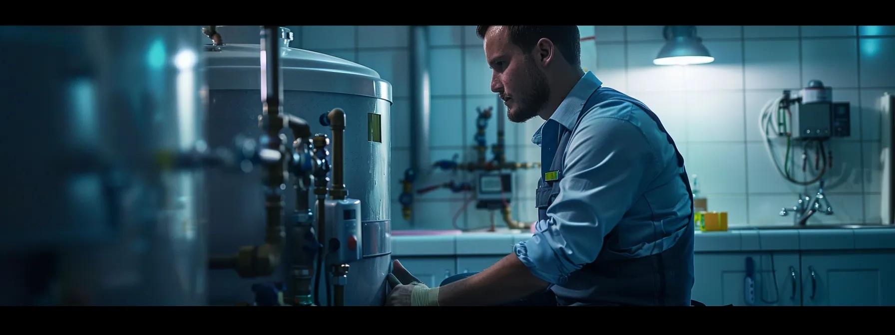 a focused technician in a modern, sleek utility room examines a water heater using advanced diagnostic tools, emphasizing the urgency and professionalism of same-day repair services. a focused technician in a modern, sleek utility room examines a water heater using advanced diagnostic tools, emphasizing the urgency and professionalism of same-day repair services.