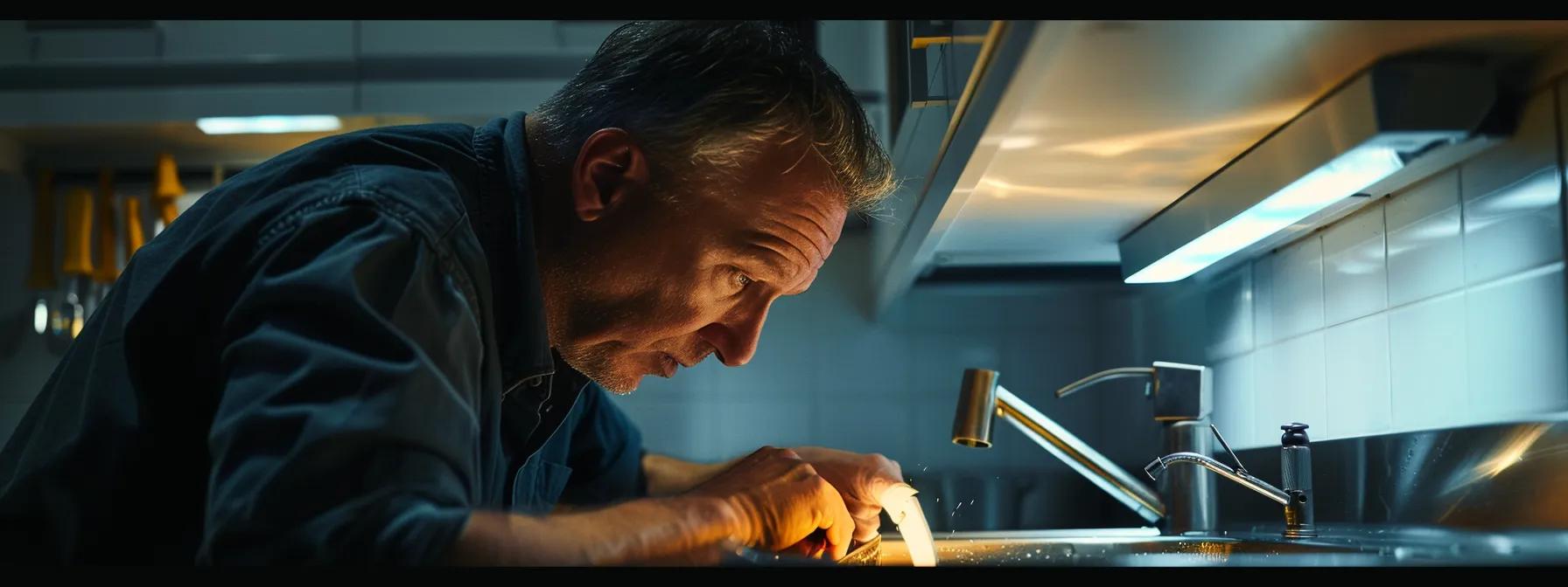 a focused technician inspects a modern kitchen's under-sink area, illuminated by a bright, clear light, as he carefully identifies an obstruction in a sleek garbage disposal unit that emits a persistent humming sound. a focused technician inspects a modern kitchen's under-sink area, illuminated by a bright, clear light, as he carefully identifies an obstruction in a sleek garbage disposal unit that emits a persistent humming sound.