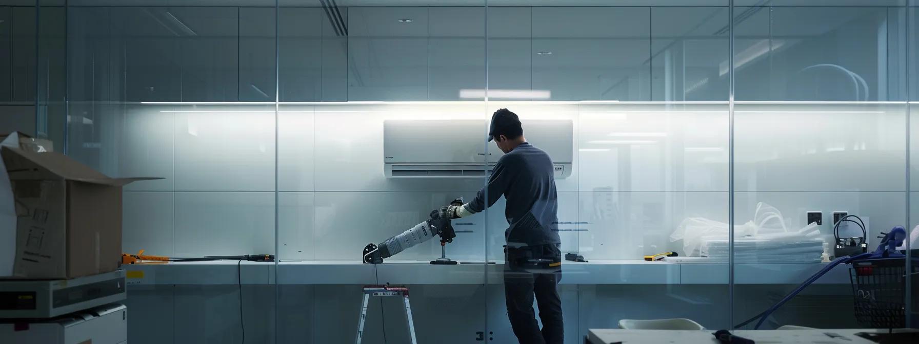 a focused technician meticulously installs a sleek mini split indoor unit onto a polished wall, surrounded by tools and installation equipment in a modern, well-lit office space, highlighting precision and careful planning. a focused technician meticulously installs a sleek mini split indoor unit onto a polished wall, surrounded by tools and installation equipment in a modern, well-lit office space, highlighting precision and careful planning.