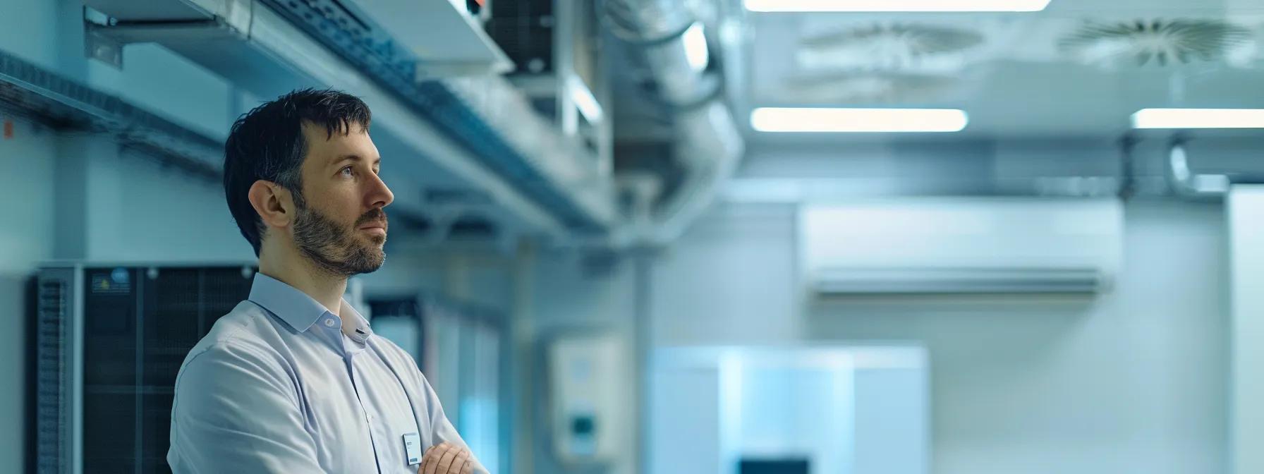 a focused technician stands in a sleek, modern office environment, expertly analyzing a sophisticated air conditioning unit with advanced diagnostic tools, illuminated by bright artificial lighting that highlights the precision of the repair work.