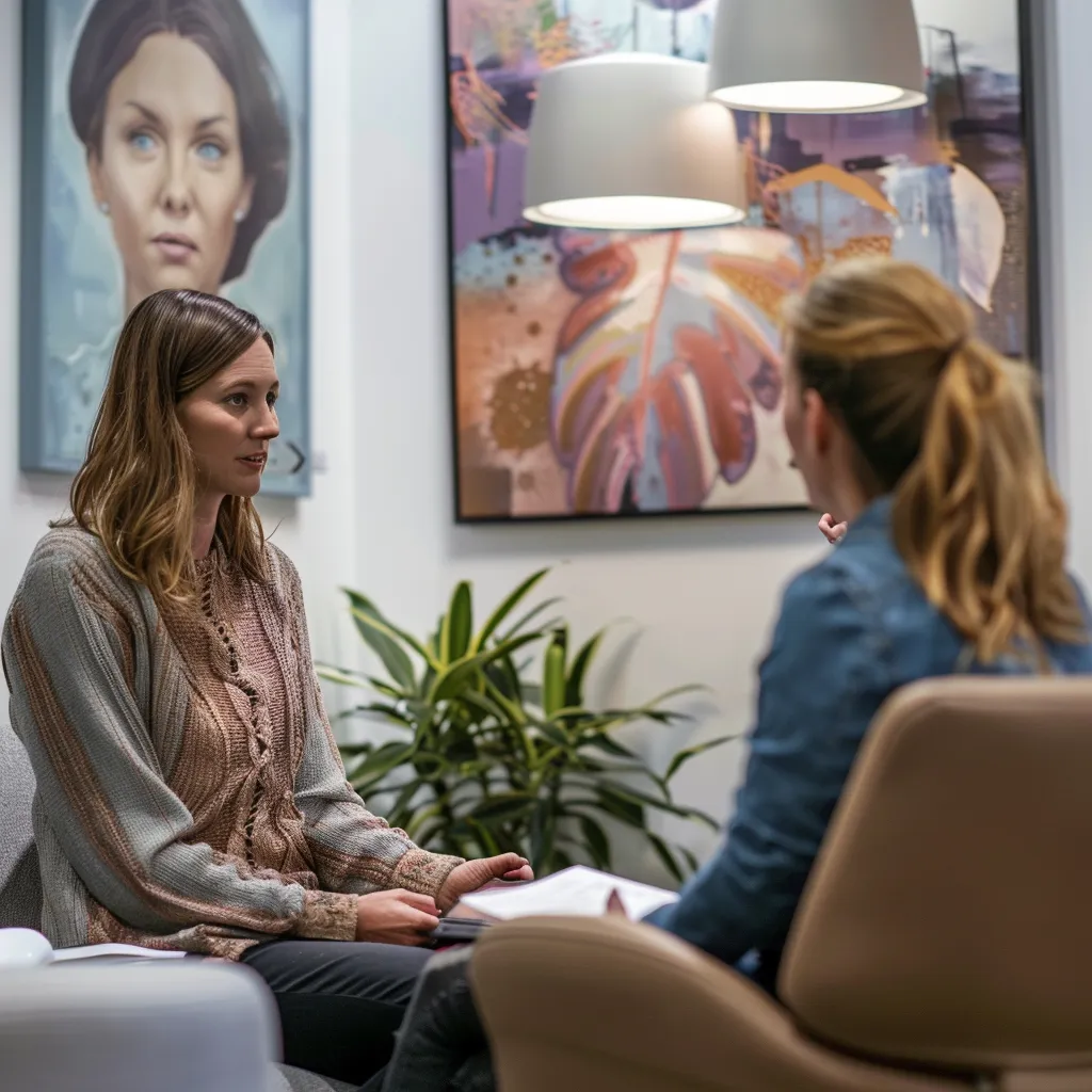 a focused therapist engages a client in a warmly lit, modern office, surrounded by evocative artwork depicting narratives, illustrating the transformative power of storytelling in mental health.