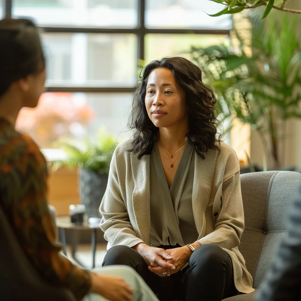 a focused therapist in a modern office setting engages intently with a client during a one-on-one session, while a supportive group circle in the background illustrates collaborative discussion and encouragement among participants.