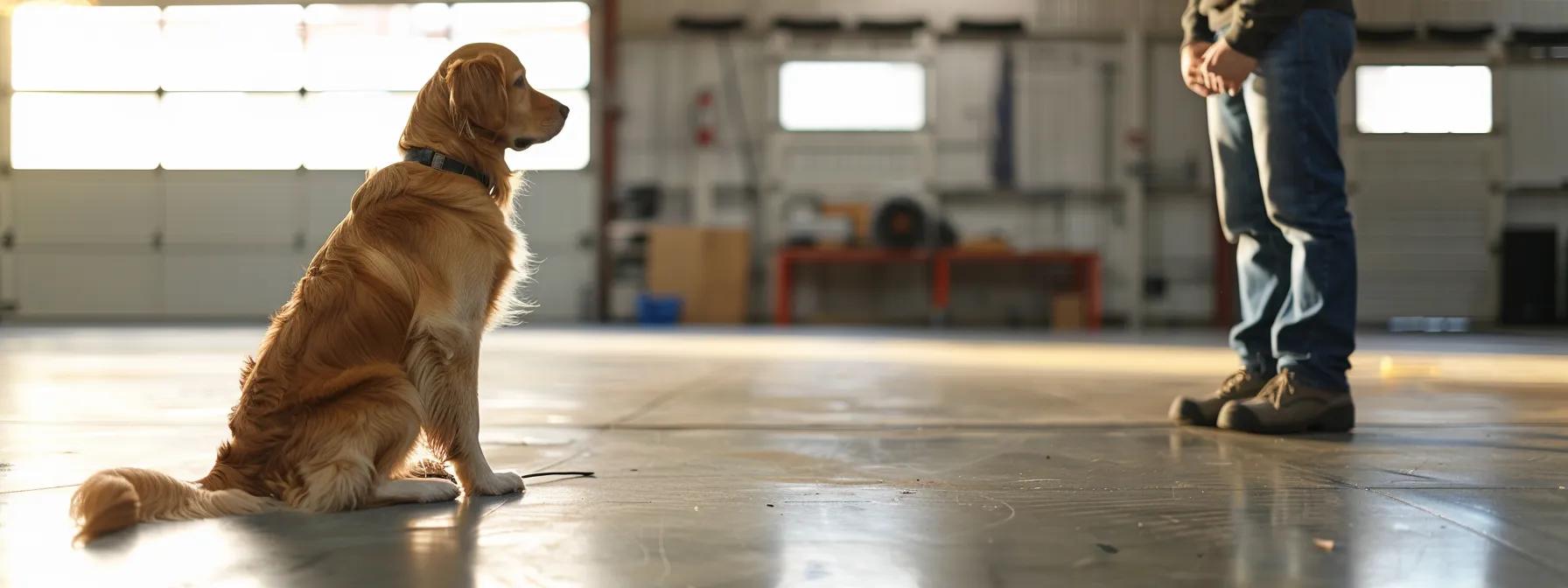 a focused training session in a sleek indoor facility showcases a calm and attentive golden retriever receiving positive reinforcement from a trainer, emphasizing the long-term commitment to behavior modification.