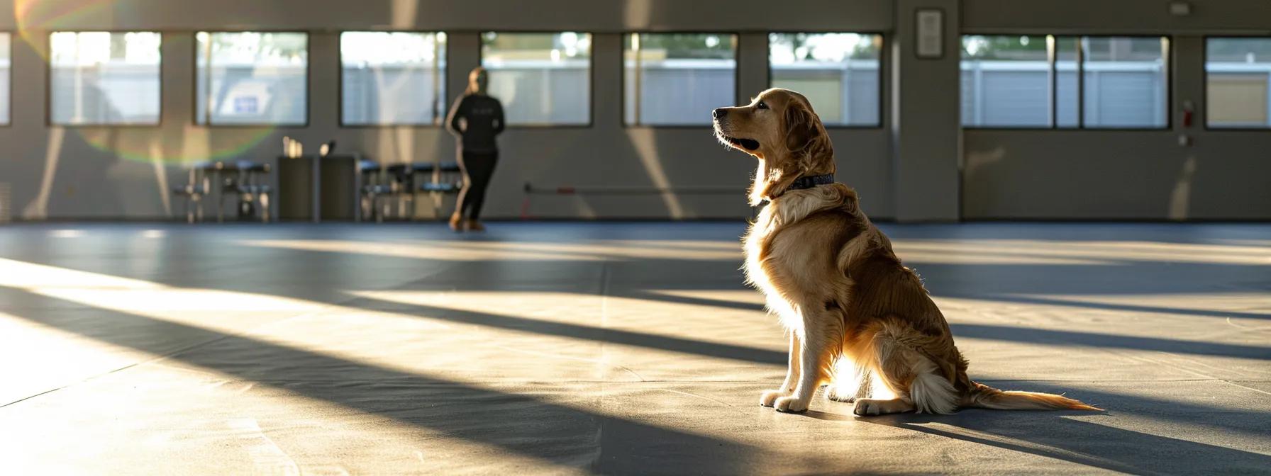 a focused training session in a modern indoor facility features a calm golden retriever responding to a trainer's guidance, surrounded by soft lighting and minimal distractions designed to emphasize the importance of managing aggressive behavior in dogs.