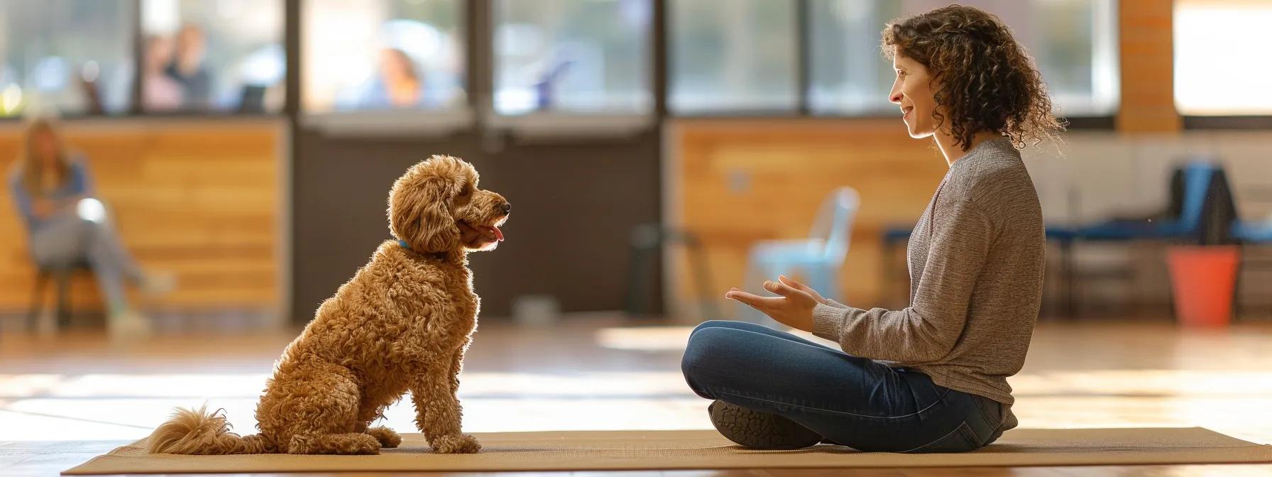 a focused training session in a bright, modern indoor facility showcases a smiling trainer using clear hand signals to communicate with an attentive golden doodle, emphasizing the connection and understanding between them amidst a backdrop of engaging canine learning tools.