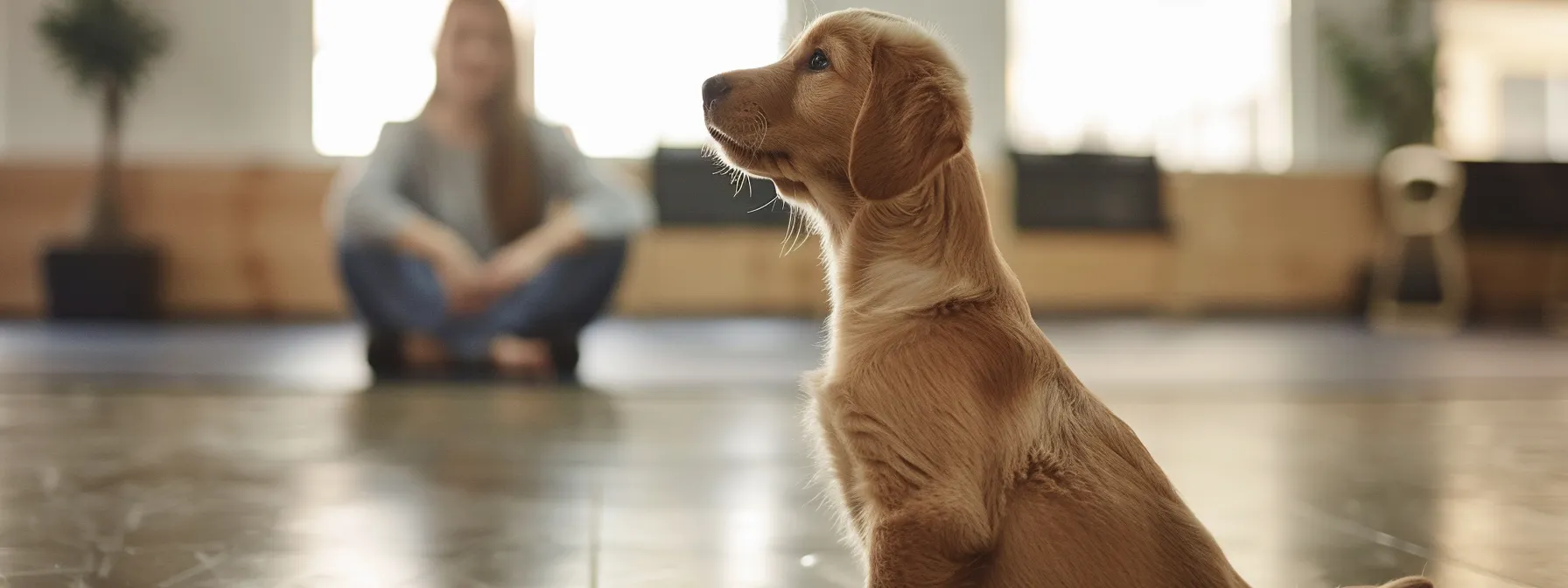 a focused training session unfolds in a bright, modern indoor puppy training facility, where an attentive trainer rewards a lively puppy with a shiny treat, illustrating effective techniques in positive reinforcement and skill development.
