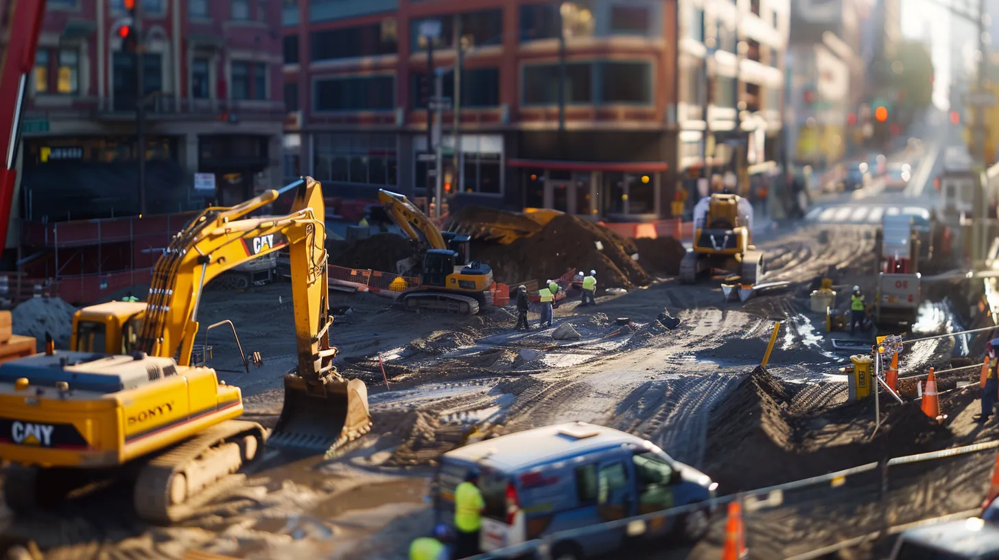a focused urban construction site in portland showcases a skilled commercial excavation contractor operating heavy machinery, surrounded by bustling workers and organized equipment, highlighting the importance of experience and efficiency in the excavation process.
