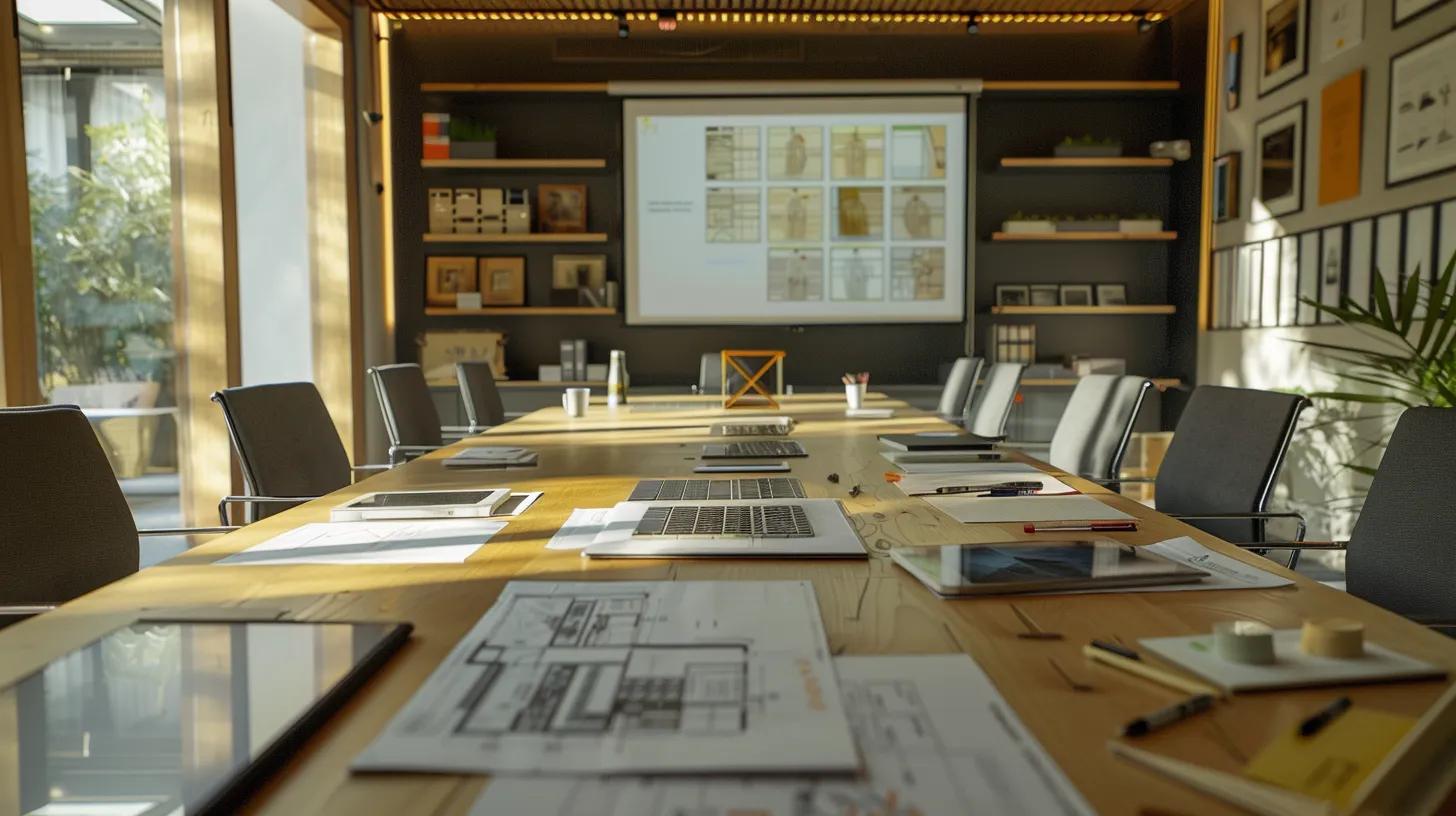 a focused urban office environment showcases a modern conference room filled with architectural sketches, tablets displaying design concepts, and a neatly arranged table with construction project plans and materials, emphasizing preparation for a home construction consultation. a focused urban office environment showcases a modern conference room filled with architectural sketches, tablets displaying design concepts, and a neatly arranged table with construction project plans and materials, emphasizing preparation for a home construction consultation.