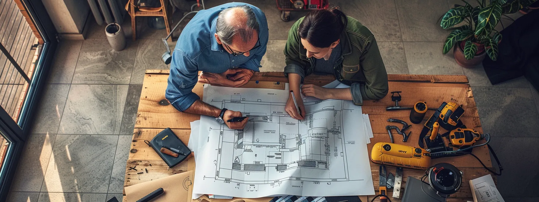 a focused urban office scene shows a concerned homeowner consulting with a professional plumber over a detailed blueprint, surrounded by plumbing tools and emergency repair equipment, evoking a sense of urgency and preparedness. a focused urban office scene shows a concerned homeowner consulting with a professional plumber over a detailed blueprint, surrounded by plumbing tools and emergency repair equipment, evoking a sense of urgency and preparedness.
