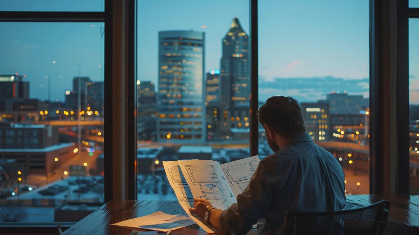 a focused urban office scene featuring a professional examining detailed building permit documents against a backdrop of knoxville city skyline, illuminated by bright fluorescent lights.