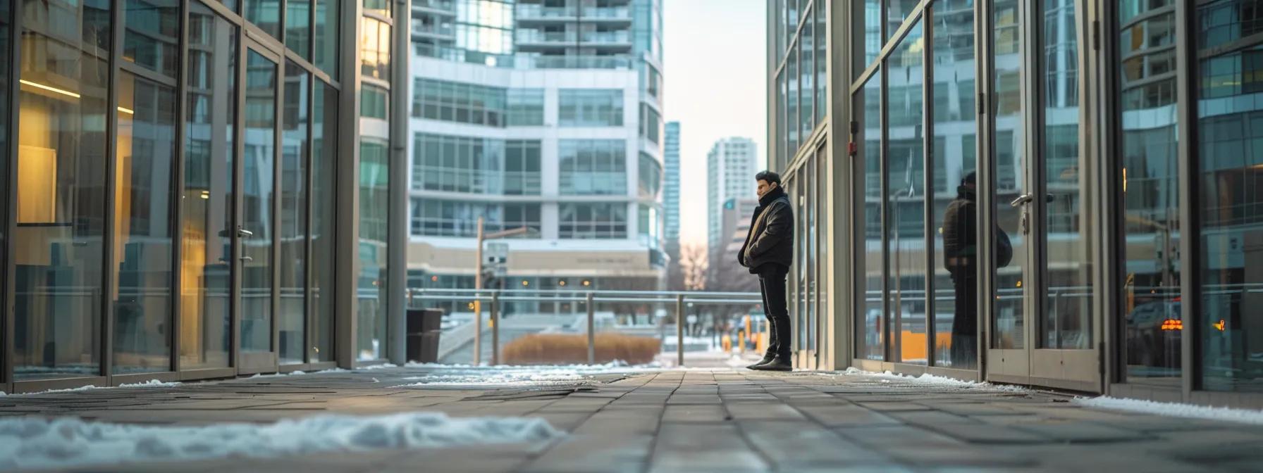 a focused urban scene captures a distressed individual standing outside a modern office building in etobicoke, thoughtfully assessing their surroundings while evaluating their next steps after being locked out. a focused urban scene captures a distressed individual standing outside a modern office building in etobicoke, thoughtfully assessing their surroundings while evaluating their next steps after being locked out.