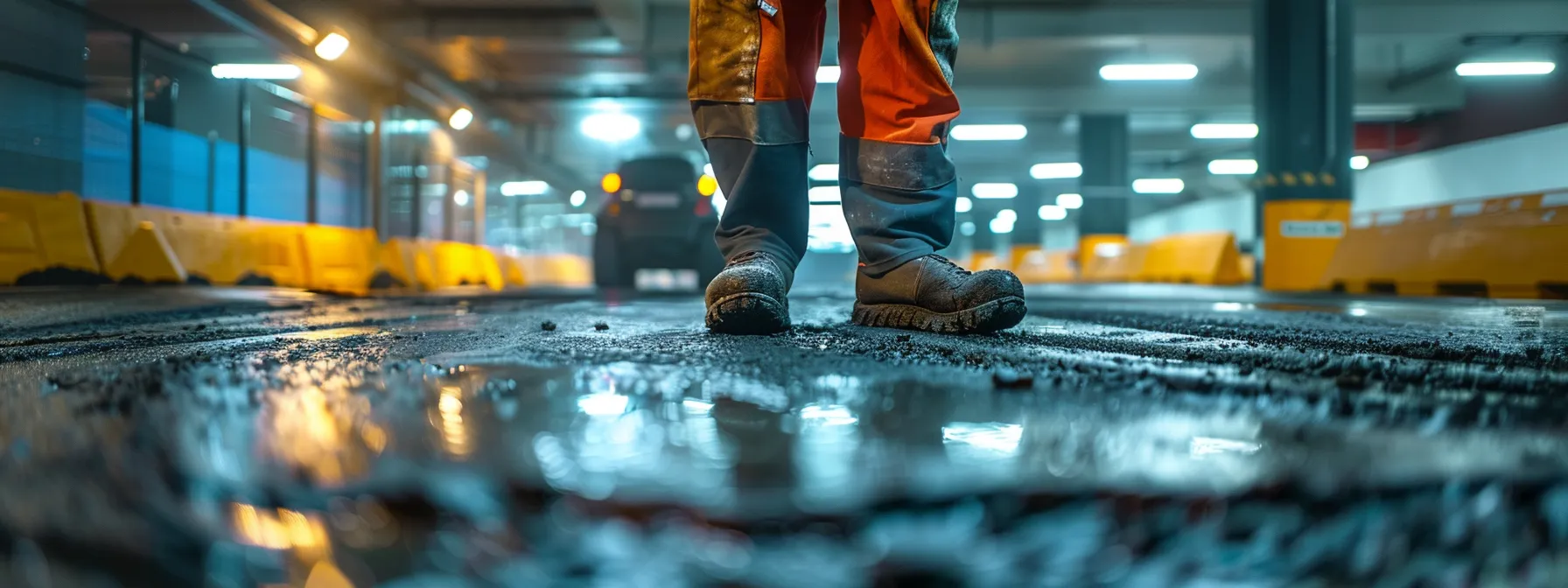 a focused urban scene showcasing a maintenance technician inspecting freshly filled asphalt cracks on a commercial parking lot, illuminated by bright overhead lights, emphasizing the importance of proper asphalt care and maintenance.