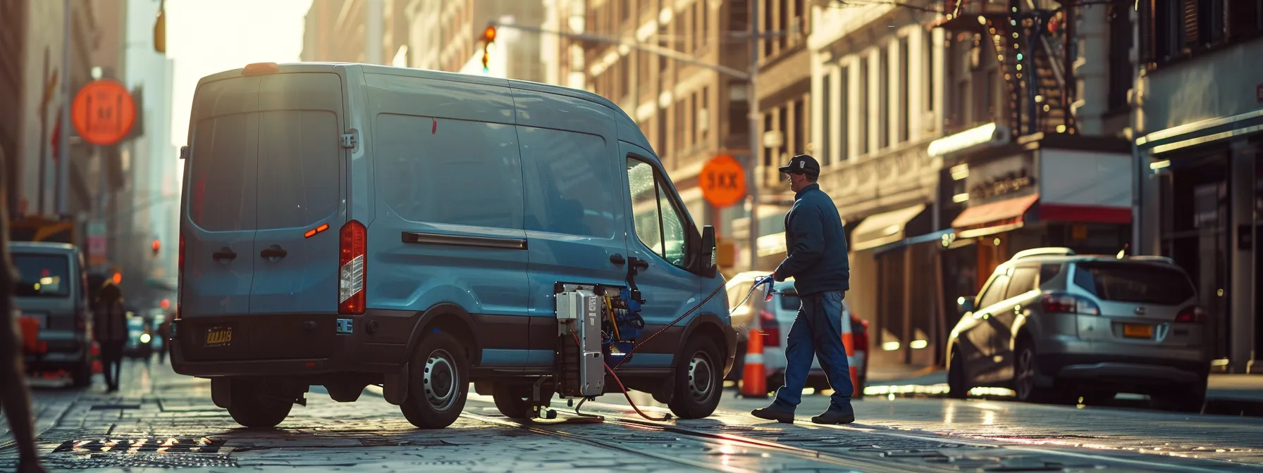 a focused urban scene showcasing a professional plumber in a clean, modern work van, equipped with high-tech drain cleaning tools, preparing to tackle an emergency plumbing issue in a bustling city street. a focused urban scene showcasing a professional plumber in a clean, modern work van, equipped with high-tech drain cleaning tools, preparing to tackle an emergency plumbing issue in a bustling city street.