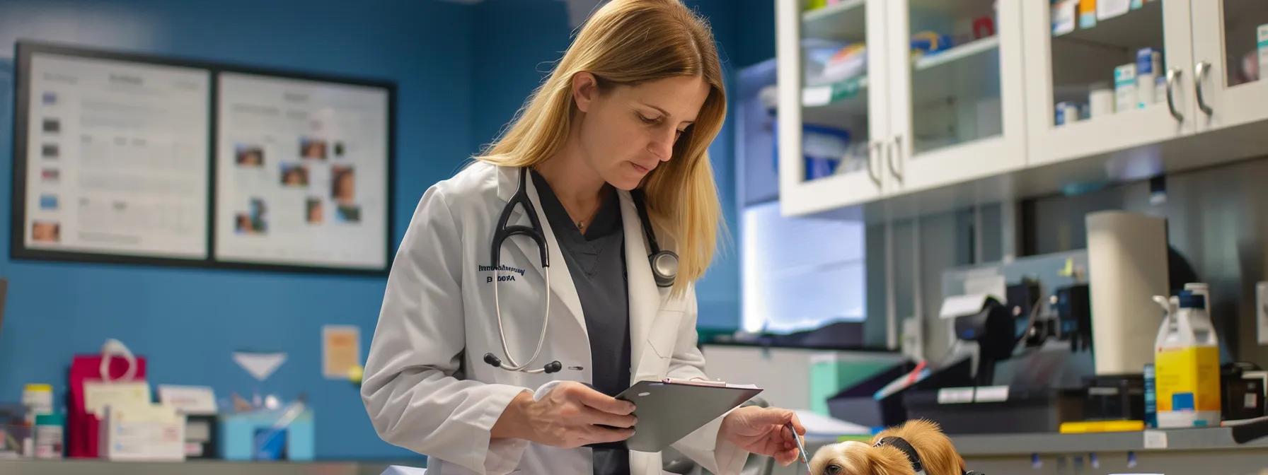 a focused veterinarian examines a dog's health records in a modern clinic, surrounded by visual aids about diet-associated dcm risks, emphasizing the importance of individualized assessments and regular check-ups for pet owners. a focused veterinarian examines a dog's health records in a modern clinic, surrounded by visual aids about diet-associated dcm risks, emphasizing the importance of individualized assessments and regular check-ups for pet owners.