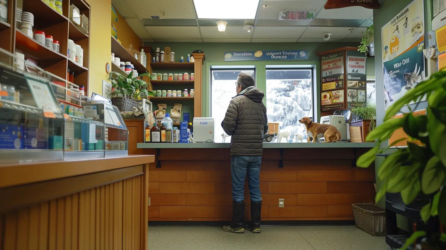 a focused veterinary clinic interior showcases a concerned pet owner examining salmon oil for dogs, surrounded by informative posters highlighting potential side effects and health precautions. a focused veterinary clinic interior showcases a concerned pet owner examining salmon oil for dogs, surrounded by informative posters highlighting potential side effects and health precautions.