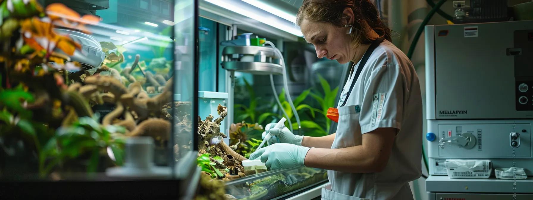 a focused veterinary technician meticulously measures and administers repashy calcium plus in a clinical reptile care room, surrounded by specialized equipment and vibrant terrariums, highlighting the importance of precise nutrition for reptile health. a focused veterinary technician meticulously measures and administers repashy calcium plus in a clinical reptile care room, surrounded by specialized equipment and vibrant terrariums, highlighting the importance of precise nutrition for reptile health.