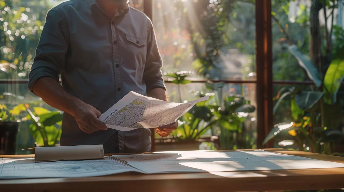 a focused, vibrant image of a custom home builder studying a detailed zoning map at a sunlit outdoor table, surrounded by lush greenery, symbolizing the importance of understanding local regulations for successful home planning. a focused, vibrant image of a custom home builder studying a detailed zoning map at a sunlit outdoor table, surrounded by lush greenery, symbolizing the importance of understanding local regulations for successful home planning.