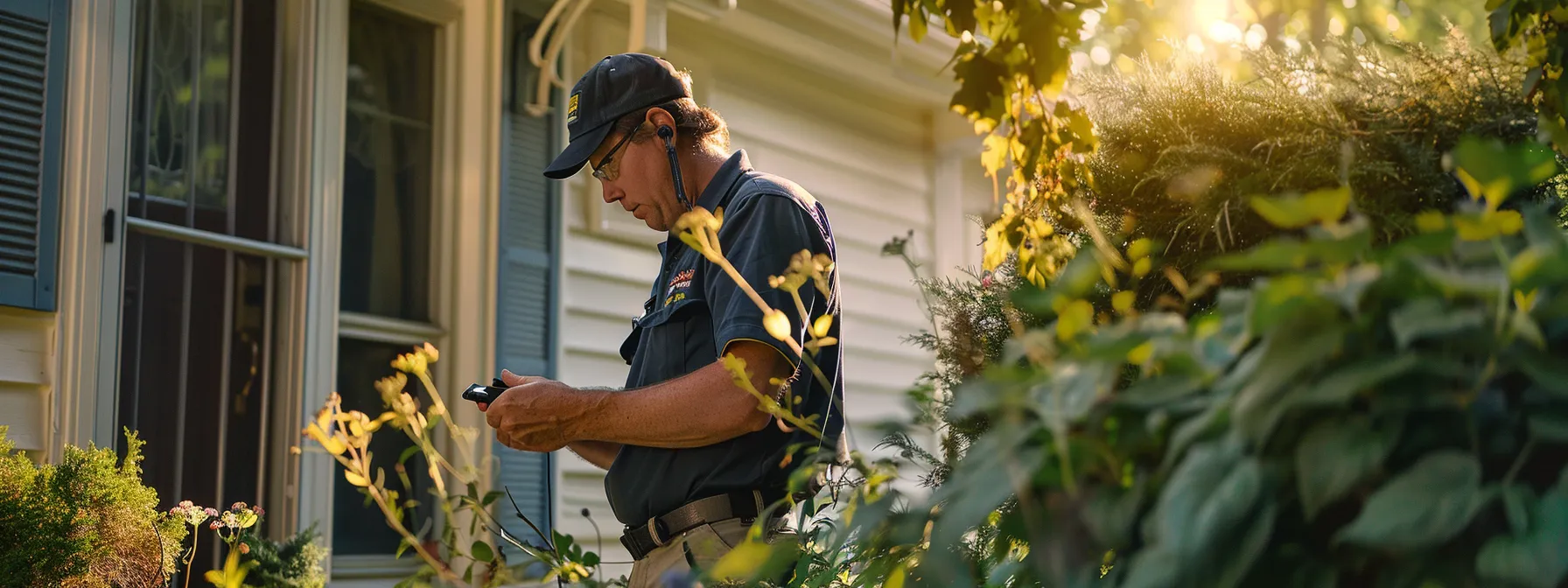 a focused, vibrant shot of a professional pest control technician inspecting a residential yard in cranston, rhode island, equipped with high-tech equipment and a confident demeanor, highlighting the effectiveness of integrated pest management during the summer season.