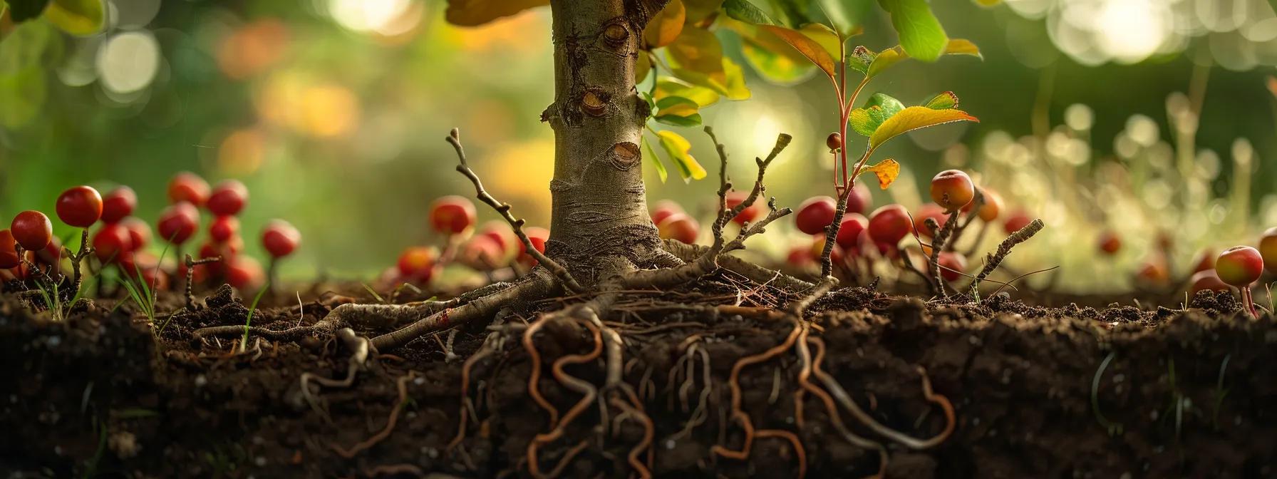 a focused view of a meticulously pruned prairie fire crabapple tree in an urban garden, showcasing its robust root system through a transparent soil layer, highlighting the connection between pruning and enhanced growth. a focused view of a meticulously pruned prairie fire crabapple tree in an urban garden, showcasing its robust root system through a transparent soil layer, highlighting the connection between pruning and enhanced growth.