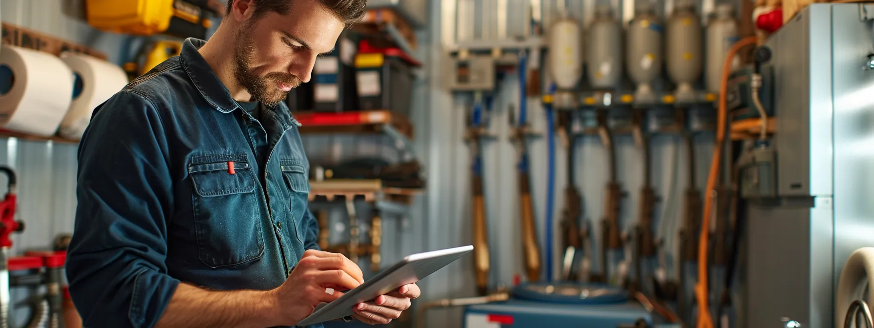 a focused view of a professional plumbing service office with a confident plumber reviewing service records on a tablet, surrounded by organized tools and equipment, conveying trustworthiness and expertise in emergency plumbing solutions. a focused view of a professional plumbing service office with a confident plumber reviewing service records on a tablet, surrounded by organized tools and equipment, conveying trustworthiness and expertise in emergency plumbing solutions.