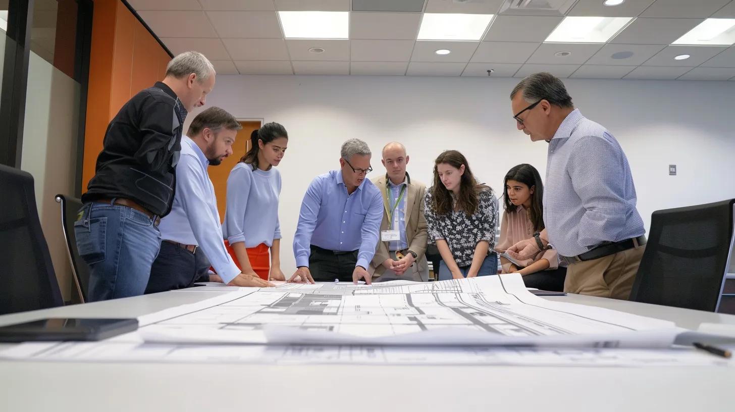 a focused view of a modern office space featuring a diverse group of professionals engaged in intense discussion over a large blueprint spread across a conference table, emphasizing the importance of preparation and collaboration for the knoxville contractor exam.