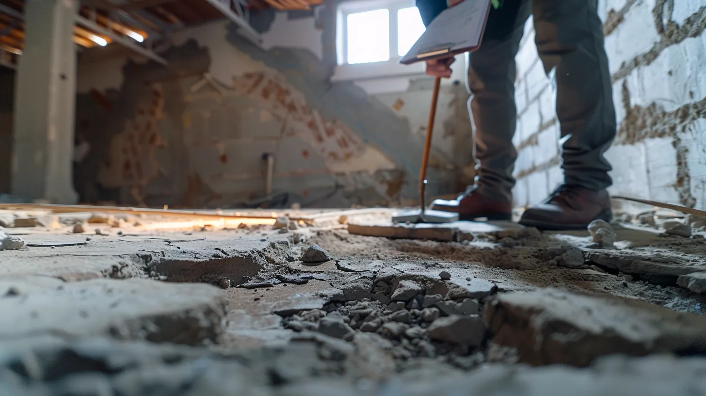 a focused view of a professional inspecting a commercial building's foundation in a well-lit office environment, highlighting cracked concrete and structural joists with a clipboard in hand, emphasizing the importance of thorough evaluations for long-term property integrity. a focused view of a professional inspecting a commercial building's foundation in a well-lit office environment, highlighting cracked concrete and structural joists with a clipboard in hand, emphasizing the importance of thorough evaluations for long-term property integrity.
