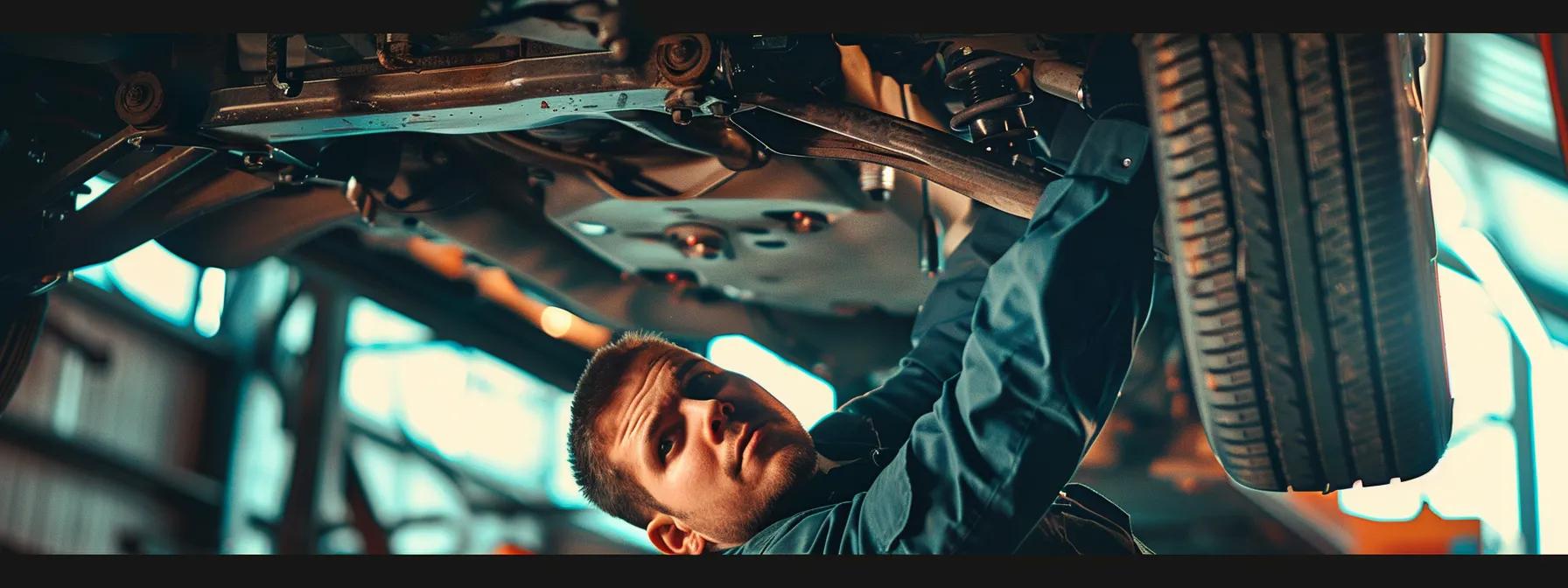 a focused view of a mechanic examining a vehicle's undercarriage in a well-lit garage, highlighting worn suspension components like struts and ball joints, illustrating the risks of faulty suspension systems on vehicle safety and inspection. a focused view of a mechanic examining a vehicle's undercarriage in a well-lit garage, highlighting worn suspension components like struts and ball joints, illustrating the risks of faulty suspension systems on vehicle safety and inspection.