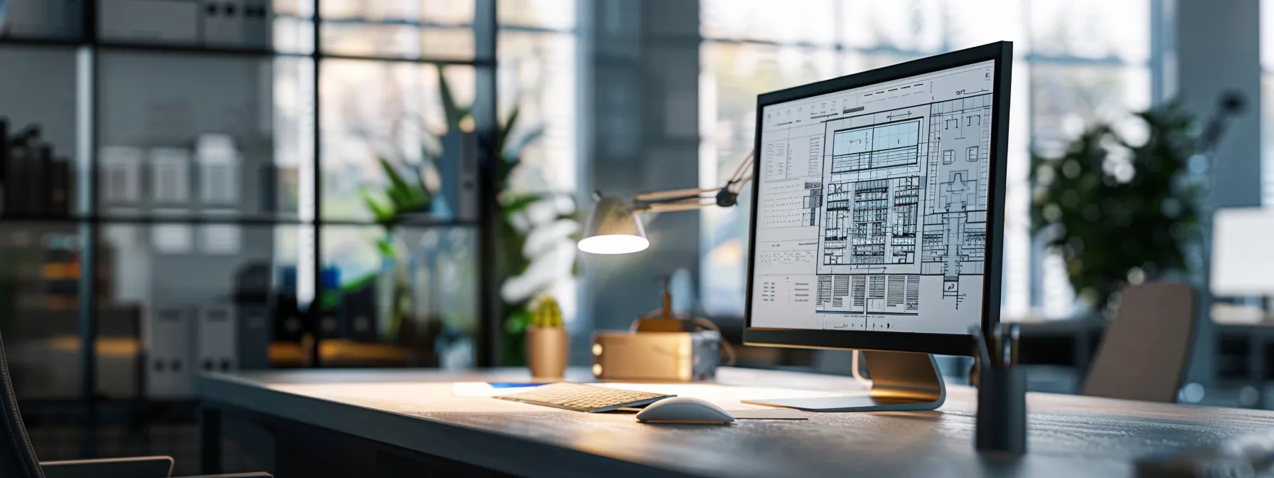 a focused view of a modern architectural office workspace featuring a computer screen displaying a detailed revit interface, with a user intently analyzing wall and floor designs amidst sleek, organized design tools and digital plans.