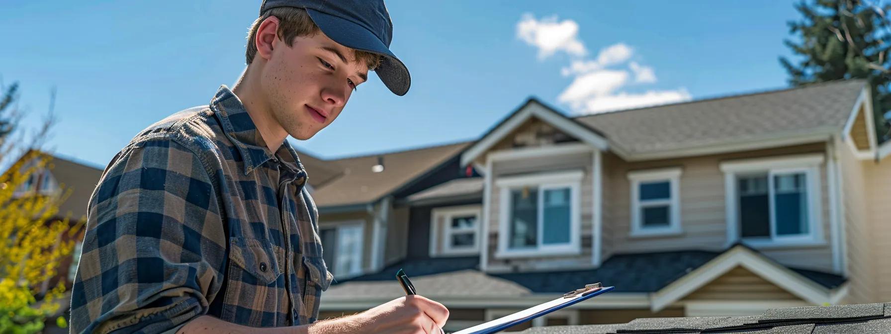 a focused view of a professional inspector examining a residential roof with a clipboard in hand, set against the backdrop of a modern urban neighborhood under a clear blue sky, emphasizing the importance of regular roof inspections for maintenance and early problem detection. a focused view of a professional inspector examining a residential roof with a clipboard in hand, set against the backdrop of a modern urban neighborhood under a clear blue sky, emphasizing the importance of regular roof inspections for maintenance and early problem detection.