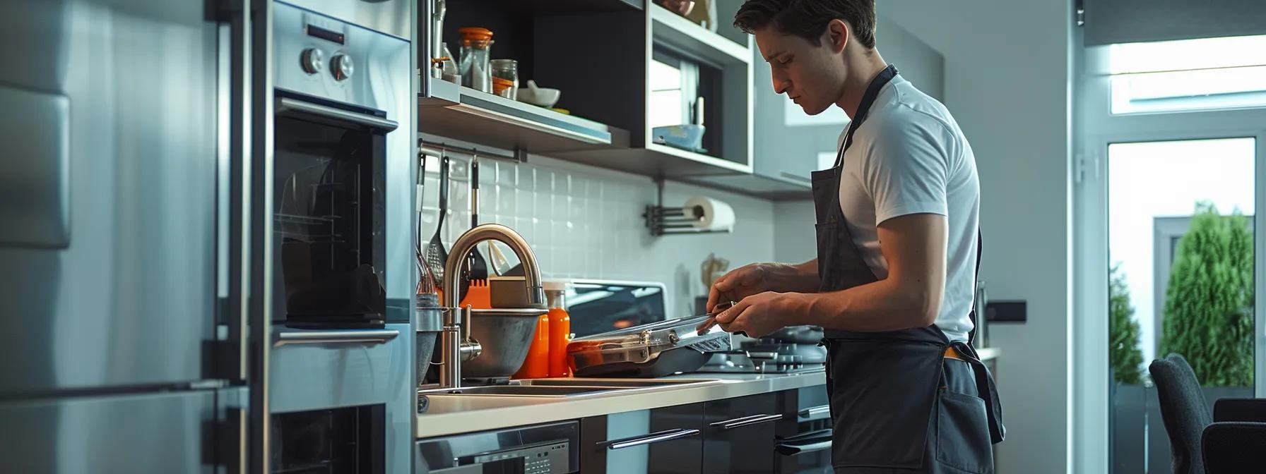 a focused view of a plumber wearing a professional uniform, intently examining an opened waste disposal unit in a sleek, modern kitchen, surrounded by high-end appliances and contemporary decor. a focused view of a plumber wearing a professional uniform, intently examining an opened waste disposal unit in a sleek, modern kitchen, surrounded by high-end appliances and contemporary decor.
