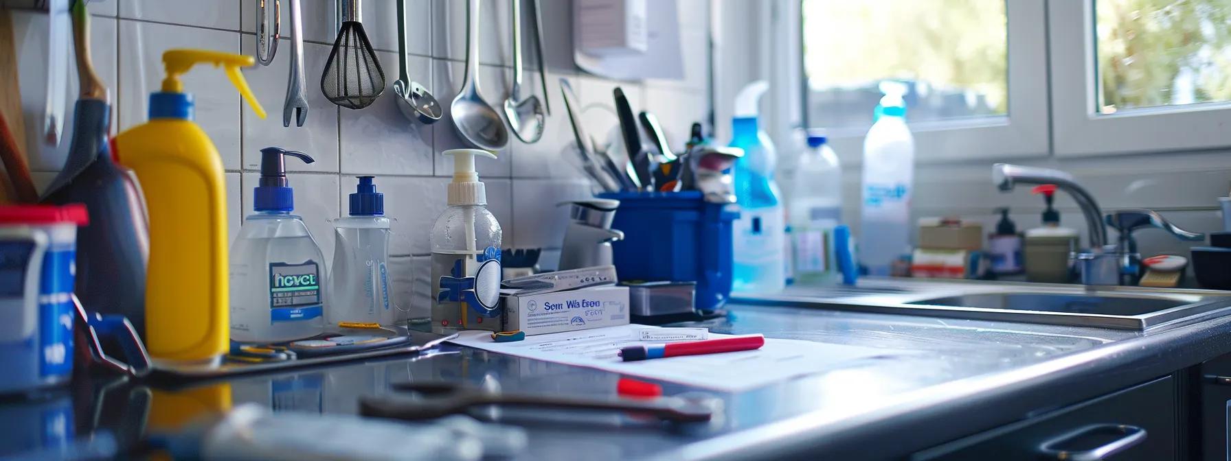 a focused view of a meticulously organised home plumbing maintenance checklist pinned prominently on a modern kitchen noticeboard, with essential tools and preventative products neatly arranged on the counter, showcasing the importance of proactive plumbing care during the summer months.
