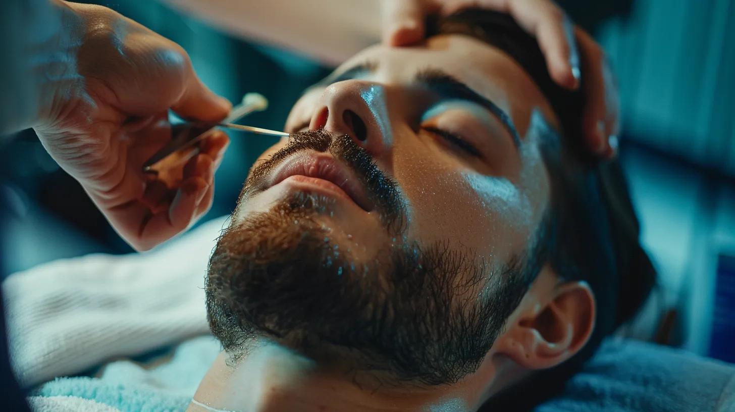 a focused, well-lit salon interior showcases a professional threading expert skillfully shaping a client's facial hair, highlighting the precision and technique required to manage coarse, dense hair against the sleek backdrop of modern beauty treatments.