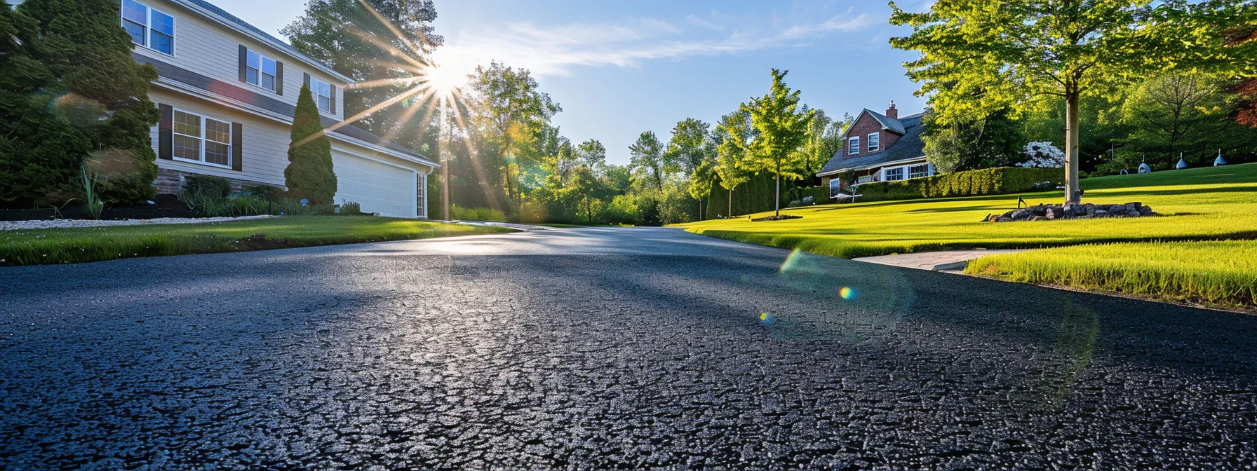 a freshly laid asphalt driveway gleams under warm sunlight, showcasing a seamless black surface framed by vibrant green grass and a clear blue sky, symbolizing the meticulous installation process for long-lasting durability. a freshly laid asphalt driveway gleams under warm sunlight, showcasing a seamless black surface framed by vibrant green grass and a clear blue sky, symbolizing the meticulous installation process for long-lasting durability.