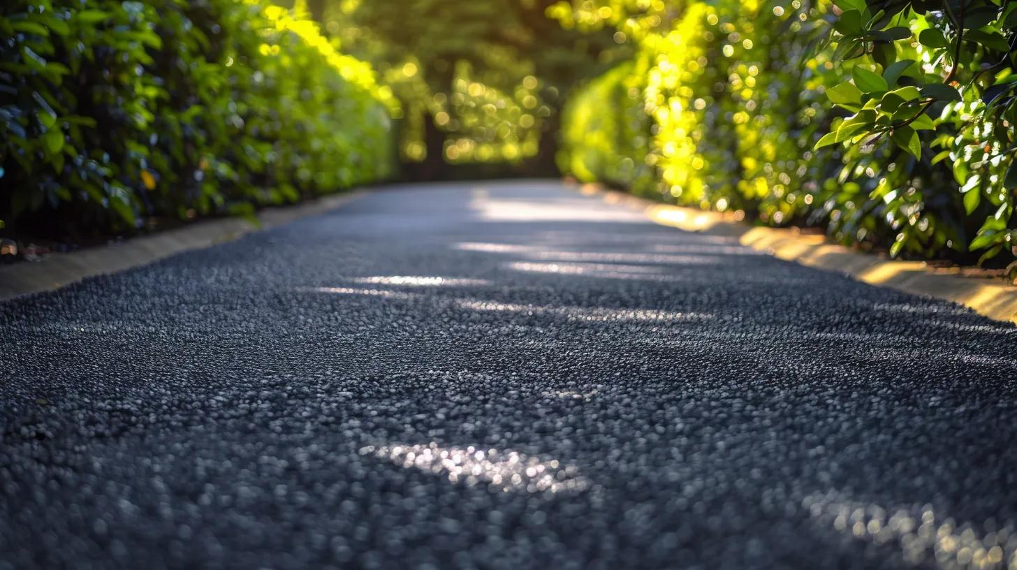 a freshly re-paved asphalt driveway glistens under the warm afternoon sun, showcasing its smooth, dark surface framed by vibrant greenery, symbolizing the importance of regular maintenance for durability and longevity. a freshly re-paved asphalt driveway glistens under the warm afternoon sun, showcasing its smooth, dark surface framed by vibrant greenery, symbolizing the importance of regular maintenance for durability and longevity.