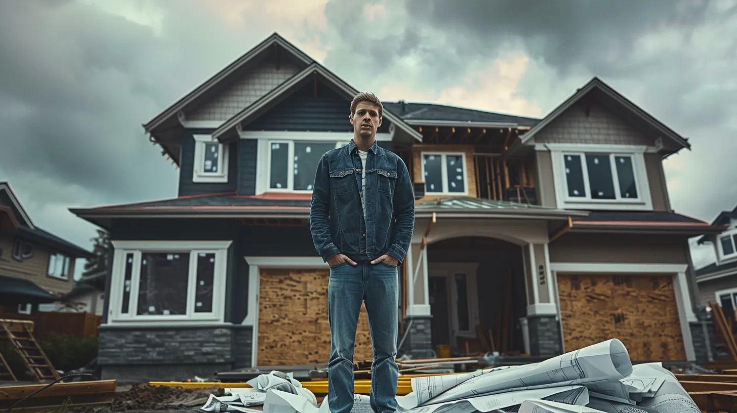 a frustrated homeowner stands in front of a partially constructed house, surrounded by disorganized blueprints and tools, symbolizing the challenges of choosing the wrong builder under dramatic, overcast skies. a frustrated homeowner stands in front of a partially constructed house, surrounded by disorganized blueprints and tools, symbolizing the challenges of choosing the wrong builder under dramatic, overcast skies.