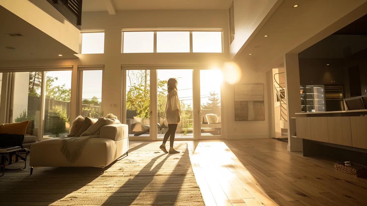 a future homeowner confidently inspects a beautifully finished modern living room, highlighting the spaciousness and attention to detail, with sunlight streaming through large windows, emphasizing a sense of anticipation and comfort before moving in. a future homeowner confidently inspects a beautifully finished modern living room, highlighting the spaciousness and attention to detail, with sunlight streaming through large windows, emphasizing a sense of anticipation and comfort before moving in.