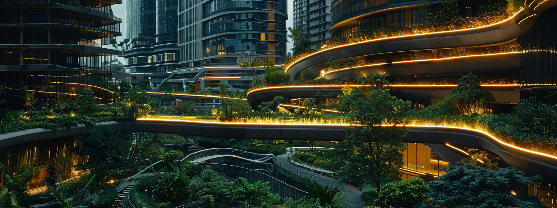 a futuristic architectural landscape showcases innovative, sustainable buildings seamlessly integrated with nature, illuminated by warm, natural lighting that highlights the harmony between modern design and community needs.