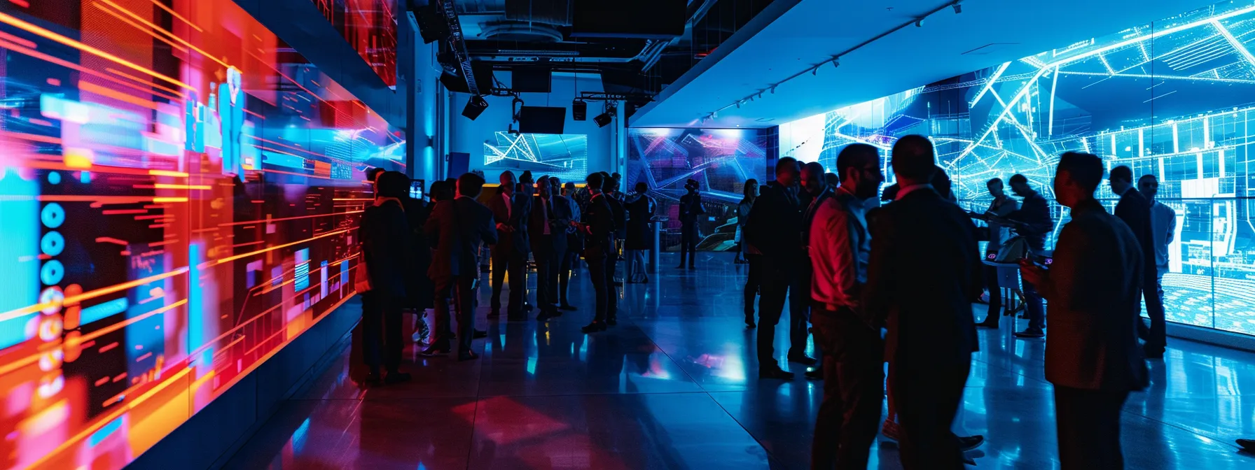 a futuristic architectural networking event comes to life with architects engaging in vibrant discussions through immersive virtual reality platforms, framed by sleek modern designs and illuminated by dynamic lighting.