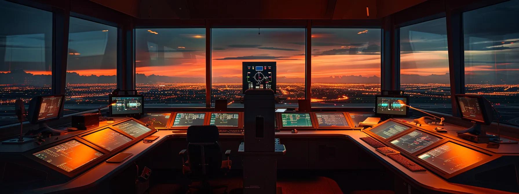 a futuristic aviation control room illuminated by sleek led screens displays innovative mental health support technologies, symbolizing the transformation of pilot wellness into a cornerstone of aviation safety.