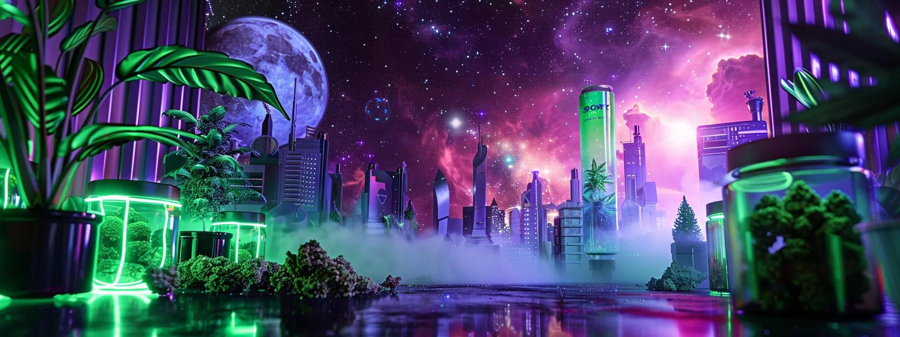 a futuristic cityscape is illuminated by vibrant green and purple tones, showcasing anomaly's thc-infused seltzer cans positioned against a deep space backdrop of swirling nebulas and planetary systems, highlighting the innovative intersection of cannabis culture and safe consumption. a futuristic cityscape is illuminated by vibrant green and purple tones, showcasing anomaly's thc-infused seltzer cans positioned against a deep space backdrop of swirling nebulas and planetary systems, highlighting the innovative intersection of cannabis culture and safe consumption.